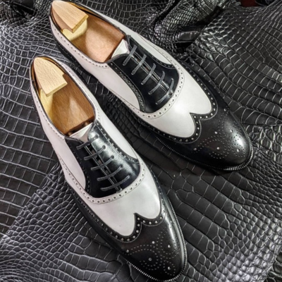 Handmade men black white calf leather oxford wingtip lace up dress shoes - Thumbnail 3