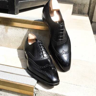 Black calf leather wingtip oxford dress shoes for men - Thumbnail 3