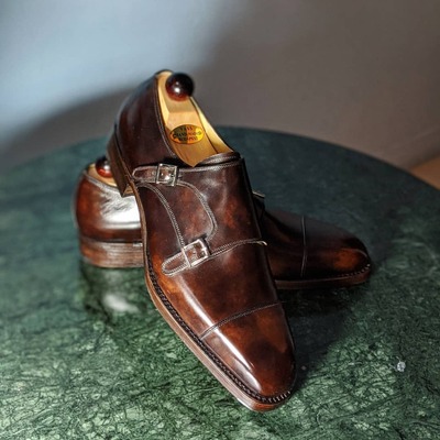 Brown patina leather double monk strap dress shoes for men - Thumbnail 2