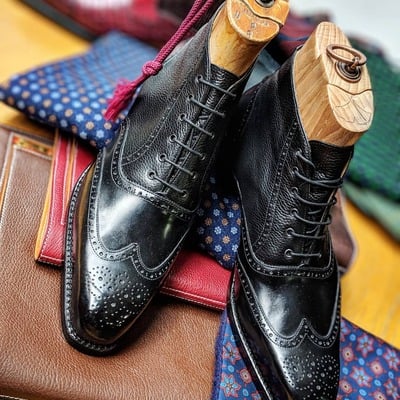 Black calf and black grain grain leather ankle high lace up dress wingtip boot for men  - Thumbnail 1