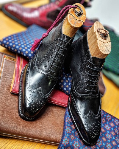 Black Calf and Black Grain Grain Leather Ankle High Lace up Dress Wingtip Boot For Men 