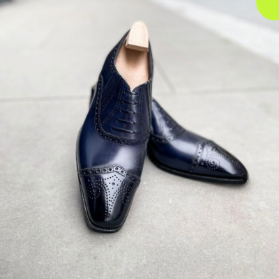 Handmade blue calf leather classic wingtip oxford shoes lace up formal dress shoes - Thumbnail 2