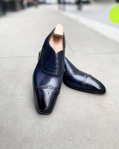 Handmade Blue Calf Leather Classic Wingtip Oxford Shoes Lace up Formal Dress Shoes