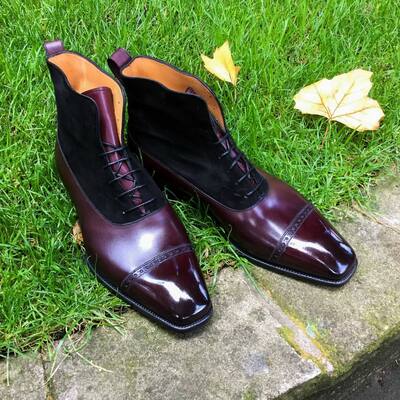 Handmade burgundy black suede leather ankle high lace up  dress boot for men  - Thumbnail 3