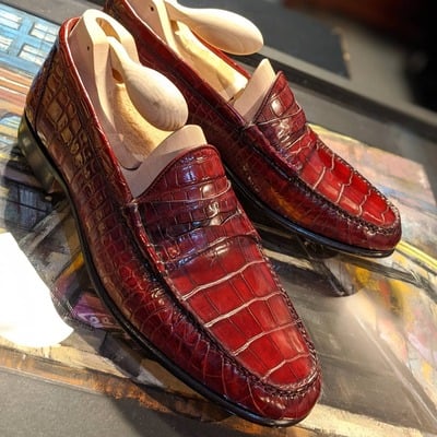 Handmade men red crocodile texture leather moccasin loafers alligator dress shoes - Thumbnail 4