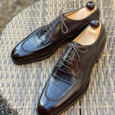  Handmade Black Calf and Crocodile Texture Leather Lace up Alligator Dress Shoes