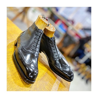 Handmade black calf leather ankle high wingtip dress lace up boot - Thumbnail 1