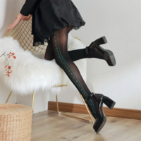 Stylish Side Rose Jacquard Women Black Stockings - Thumbnail 1