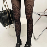 Black Floral Pattern Women's Pantyhose Stockings - Thumbnail 2
