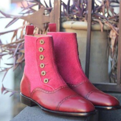 Crafted leather handmade dress shoes genuine suede leather ankle high button boot - Thumbnail 2