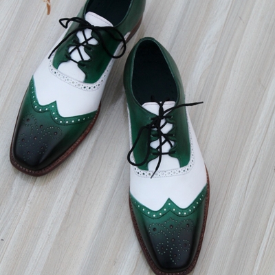 Crafted leather men’s classic ghillie lacing green white leather wing tip dress shoes - Thumbnail 2