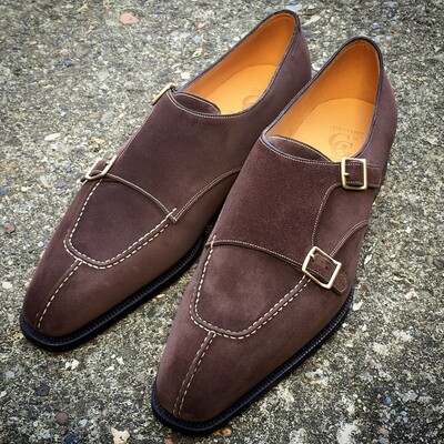 Handmade brown suede leather double monk strap dress shoes