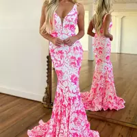 Cute V Neck Pink White Sequins Prom Dress - Thumbnail 1