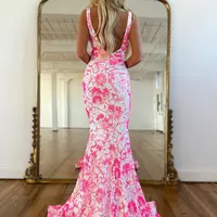 Cute V Neck Pink White Sequins Prom Dress - Thumbnail 3
