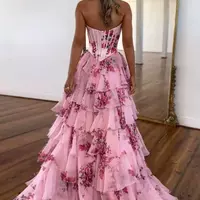 Floral Chiffon Sweetheart Tiered Prom Dress with Slit - Thumbnail 3