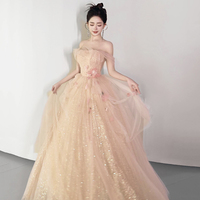 Champagne Tulle Sequins Floor Length Prom Party Dress - Thumbnail 1