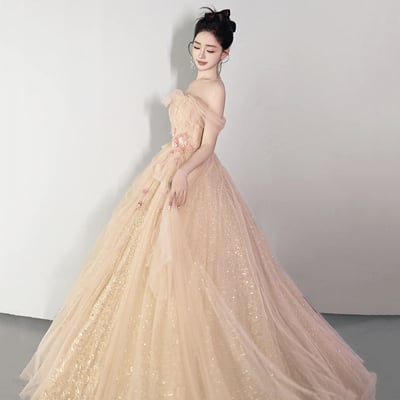 Champagne tulle sequins floor length prom party dress - Thumbnail 1