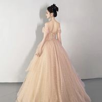 Champagne Tulle Sequins Floor Length Prom Party Dress - Thumbnail 2