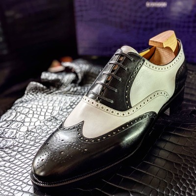 Handmade men black white leather wingtip oxford lace up dress shoes - Thumbnail 2