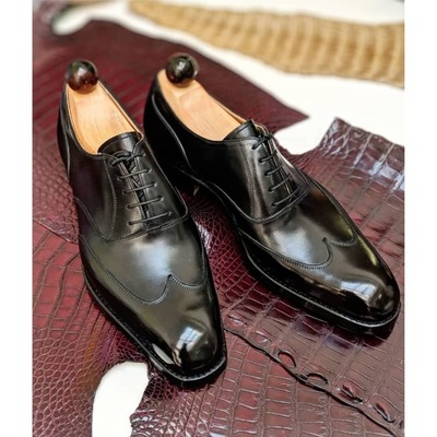 Handmade Men Black Calf Leather Wingtip Oxford Dress Shoes