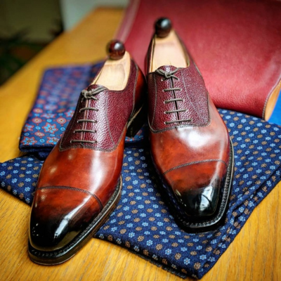 Handmade Men Brown Patina and Grain Leather Oxford Lace up Dress Shoes