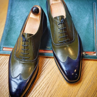 Handmade men blue green leather wingtip oxford dress shoes - Thumbnail 2