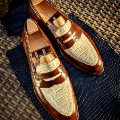 Handmade men classic brown leather white crocodile/alligator loafers dress shoes - Thumbnail 3