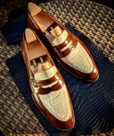 Handmade Men Classic Brown Leather White Crocodile/Alligator Loafers Dress Shoes