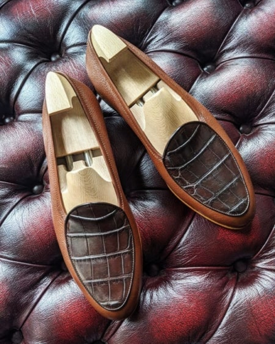 Handmade Men Classic Two Tone Brown Crocodile/Alligator Loafers Dress Shoes