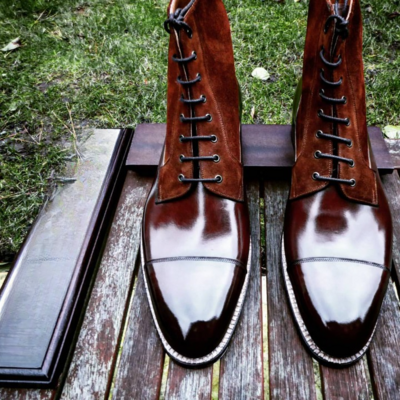 Dark cognac calf and suede leather ankle high lace up boot - Thumbnail 2