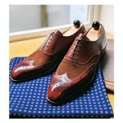 Handmade men cognac calf and suede leather wingtip oxford dress shoes - Thumbnail 3
