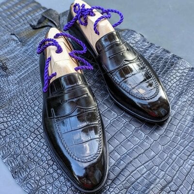 Black leather crocodile/alligator classic loafers dress shoes - Thumbnail 4