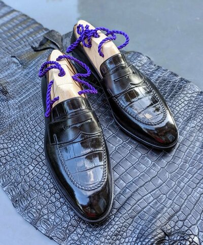 Black Leather Crocodile/Alligator Classic Loafers Dress Shoes