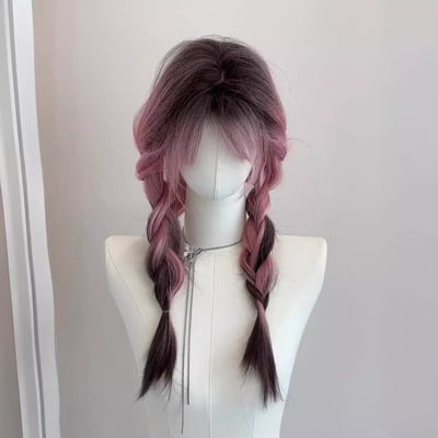 Pink black mixed gradient mid-length wig 