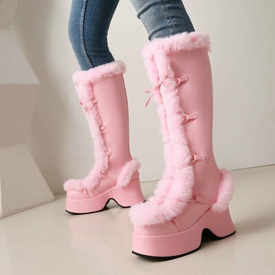 Furry fur lace up platform knee hight boots in pink