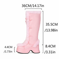 Furry Fur Lace Up Platform Knee Hight Boots In PINK - Thumbnail 5