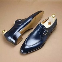 Men's Sleek Black Handmade Leather Monk Shoes - Timeless Elegance for Any Occasion - Thumbnail 1