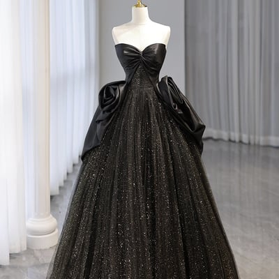 Black shiny tulle long strapless prom party dress - Thumbnail 1