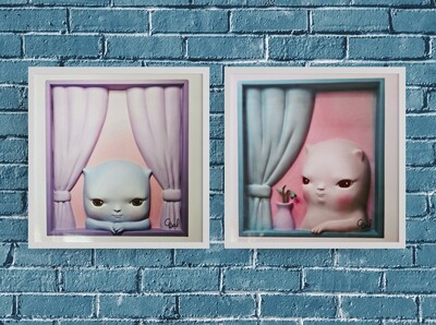 Set Ceramic Tile "Looking at the World: Two Curious Creatures" by Clementine Bal