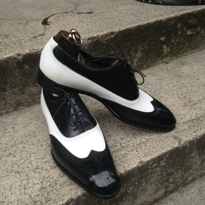 Handmade men black white calf leather oxford wingtip lace up dress shoes - Thumbnail 4