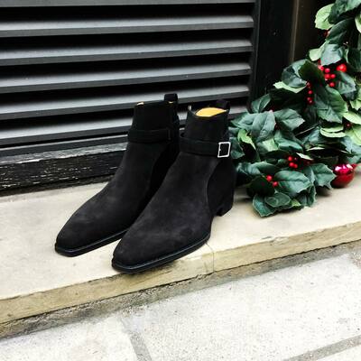 Handmade men black suede leather jodhpur strap boot