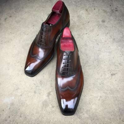Handmade men brown patina leather oxford wingtip dress shoes - Thumbnail 3