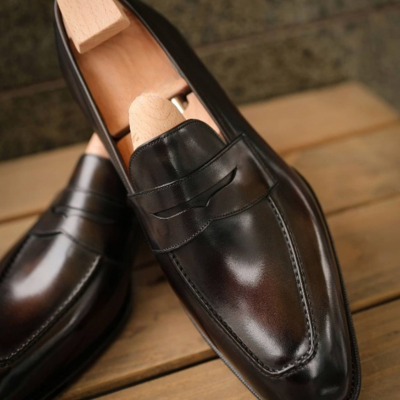 Handmade men brown leather moccasin loafers dress shoes - Thumbnail 3