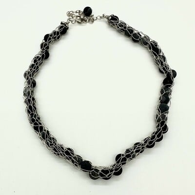 Knit sterling silver with banded lava beads