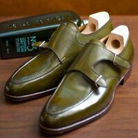 Olive Leather Base Double Monk Strap Dress Formal Designer Shoes Wedding Stock Available Also - Thumbnail 1