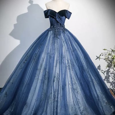 Navy blue velvet and tulle long prom dress, elegant off the shoulder party dress - Thumbnail 1