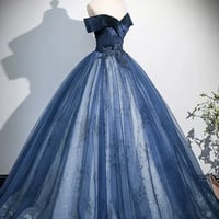 Navy Blue Velvet and Tulle Long Prom Dress, Elegant Off the Shoulder Party Dress - Thumbnail 1