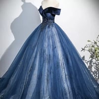 Navy Blue Velvet and Tulle Long Prom Dress, Elegant Off the Shoulder Party Dress - Thumbnail 2