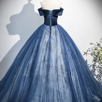 Navy Blue Velvet and Tulle Long Prom Dress, Elegant Off the Shoulder Party Dress - Thumbnail 3