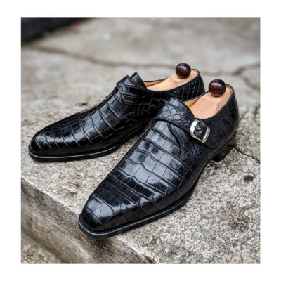 Handmade men black crocodile monk strap dress shoes - Thumbnail 4